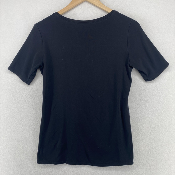 EILEEN FISHER Top S Organic Cotton Ribbed Jersey Scoop Neck Elbow Sleeve Black - Picture 3 of 9